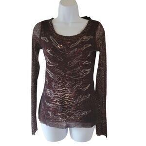 FUZZI Brown Sequeen Animal Print Sheer Long Sleeve Top Sz L Stretchy Old Money